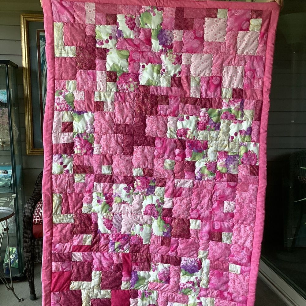 NWT. Hand Crafted Gold and Pink Hydrangea Lap Quilt